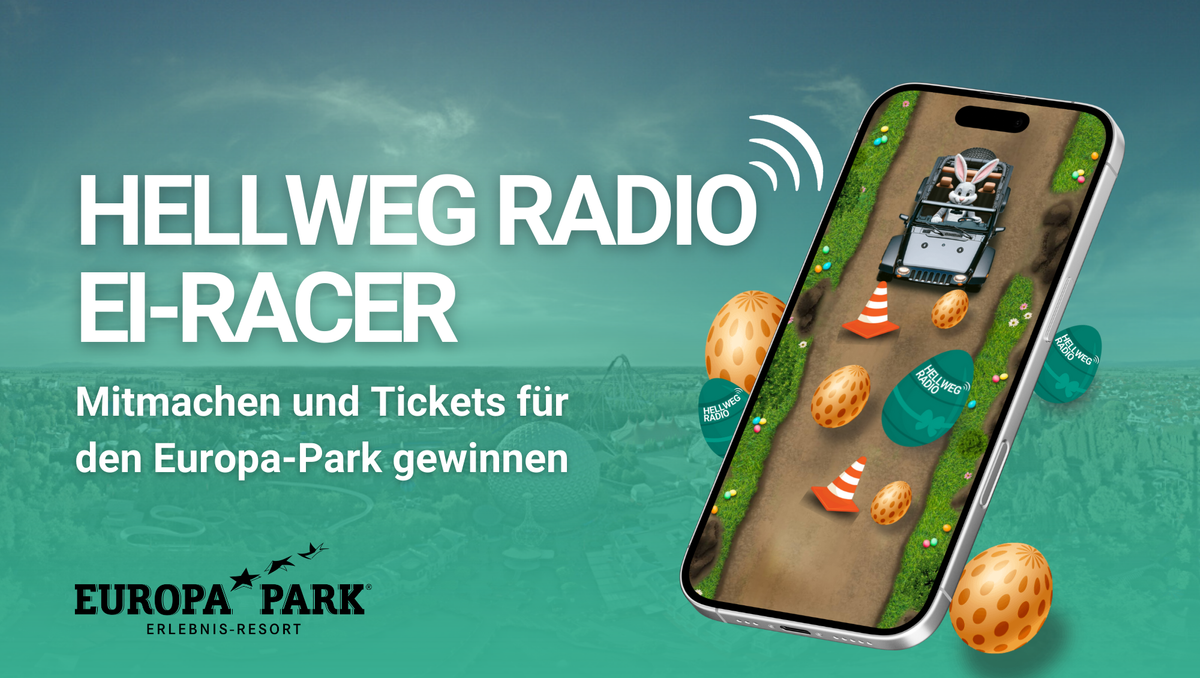 Ein Smartphone zeigt das Oster Gewinnspiel Hellweg Radio Ei-Racer. Ein Hase in einem Auto sammelt bunte Ostereier.