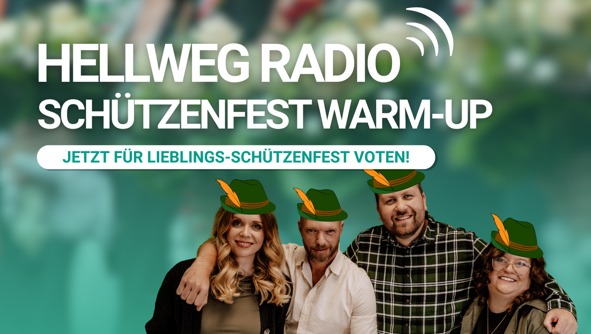 Die Morningshow Moderatoren Eva Schulze-Gabrechten, André Joosten, Sebastian Günther und Friederike Umminger haben Schützenfesthüte auf und werben für die Warm-up-Sendung zur Schützenfest-Saison im Kreis Soest.