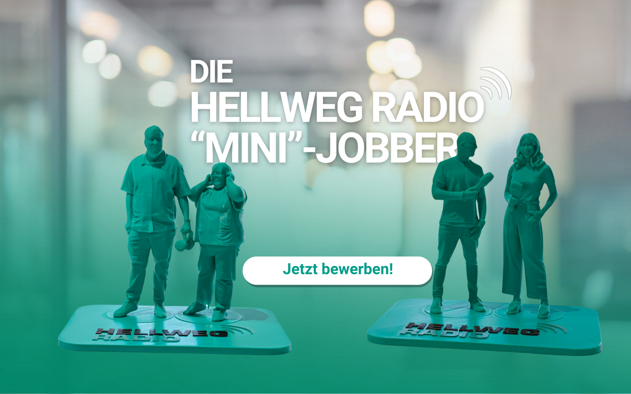 Zwei Figuren der Morningshow-Moderatoren Friederike Umminger, Sebastian Günther, André Joosten und Eva Schulze-Gabrechten sind zu sehen - dazu der Text: Die Hellweg Radio "Mini"-Jobber - jetzt bewerben.