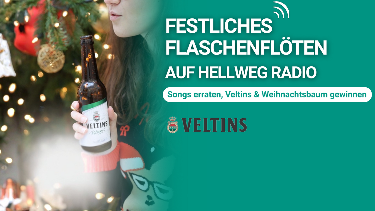 Zu sehen ist eine Frau die in eine Veltinsflasche pustet, als würde sie ein Lied auf ihr spielen. Dazu der Text: Festliches Flaschenflöten auf Hellweg Radio - Songs erraten, Veltins und Weihnachtsbaum gewinnen