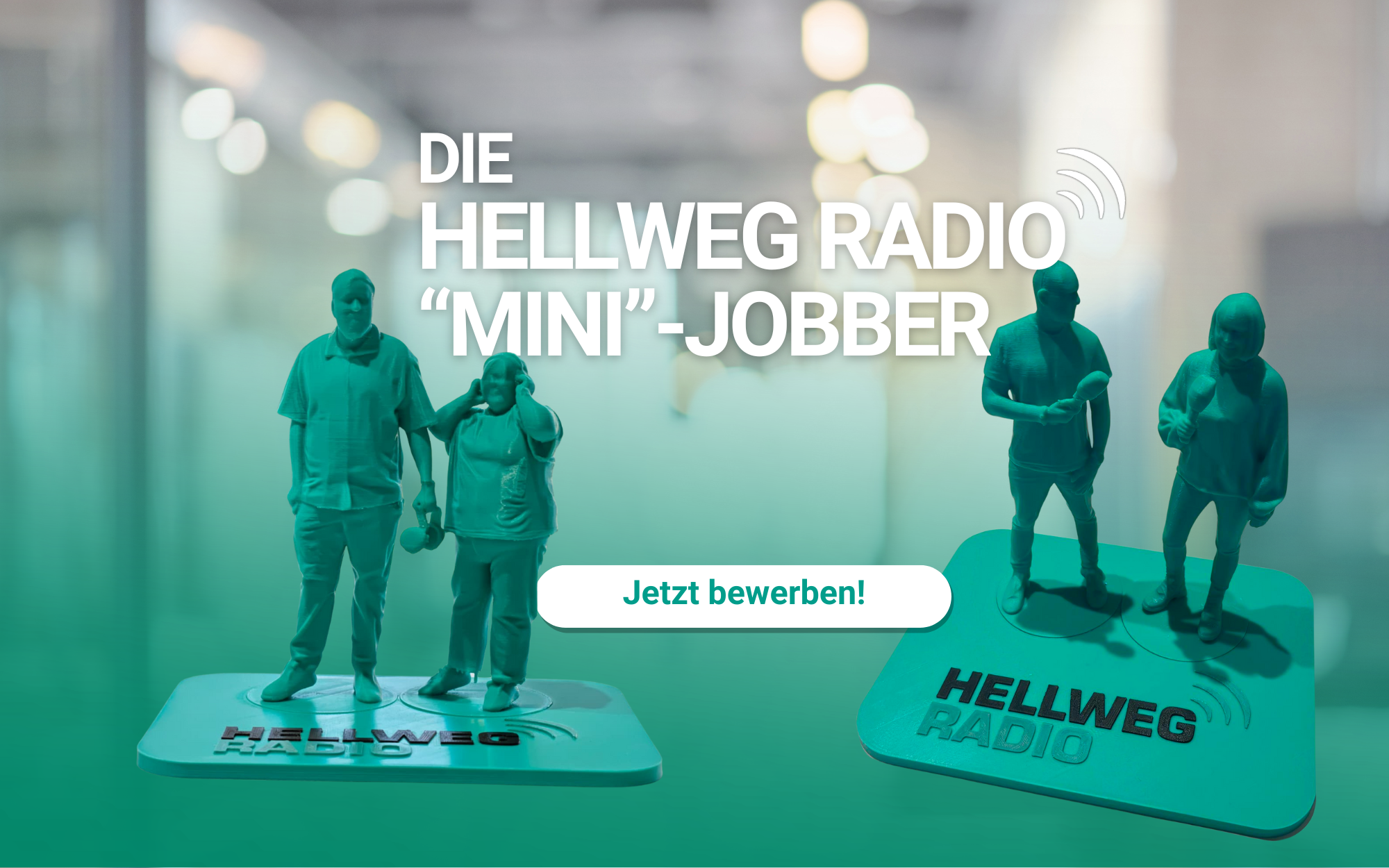 Zwei Figuren der Morningshow-Moderatoren Friederike Umminger, Sebastian Günther, André Joosten und Petra Zimmer sind zu sehen - dazu der Text: Die Hellweg Radio "Mini"-Jobber - jetzt bewerben.