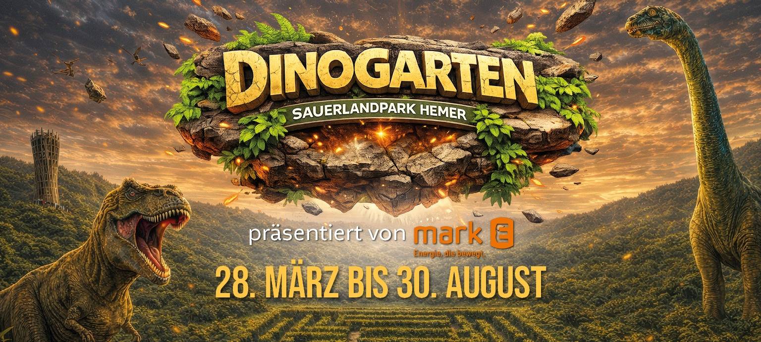 Grafik DinoGarten. Ein T-Rex und ein Brachiosaurus stehen in einem Labyrinth. Dazu der Text: "Dinogarten Sauerlandpark Hemer 28. März bis 30. August"