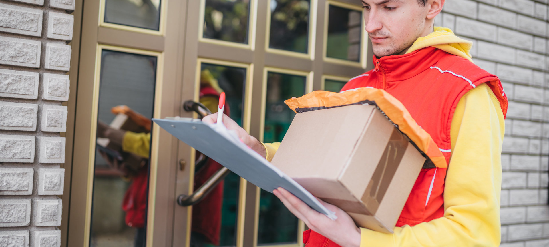 Ein Paketbote liefert ein Paket aus.