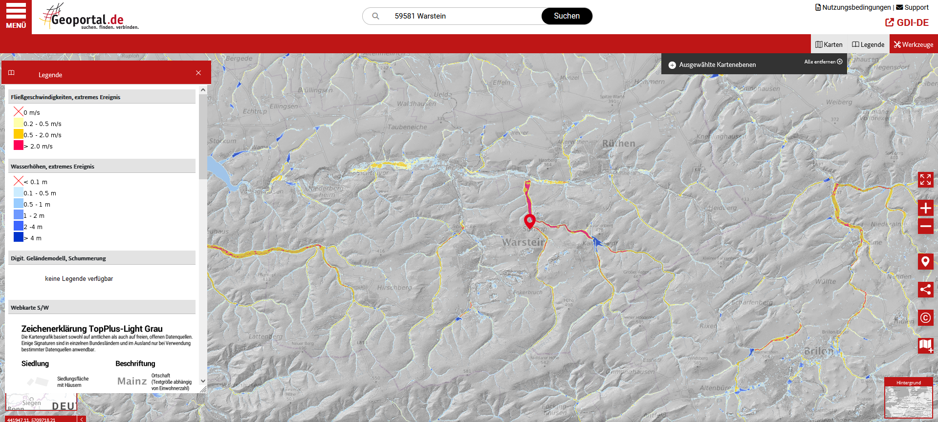 Die Starkregengefahrenhinweiskarte des Geoportals.