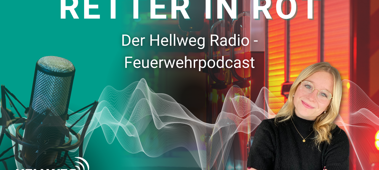 Auf dem Cover Bild des Podcasts "Retter in Rot - der Hellweg Radio Feuerwehrpodcast" sind ein Mikrofon und ein Rettungsfahrzeug zu sehen.