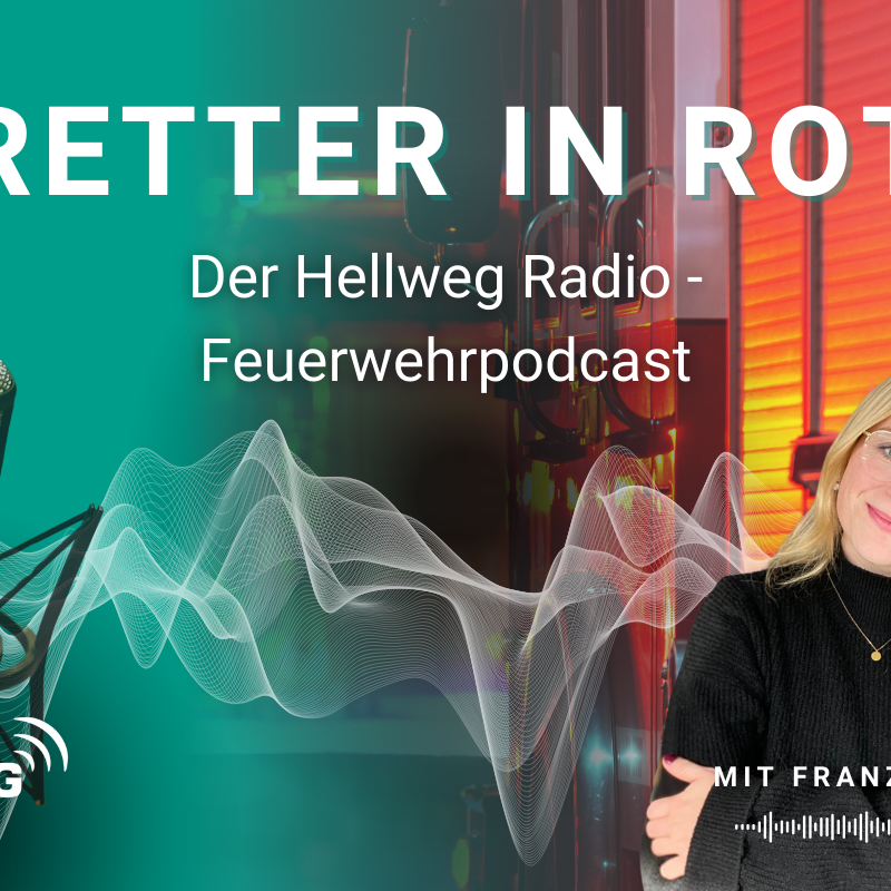 Auf dem Cover Bild des Podcasts "Retter in Rot - der Hellweg Radio Feuerwehrpodcast" sind ein Mikrofon und ein Rettungsfahrzeug zu sehen.