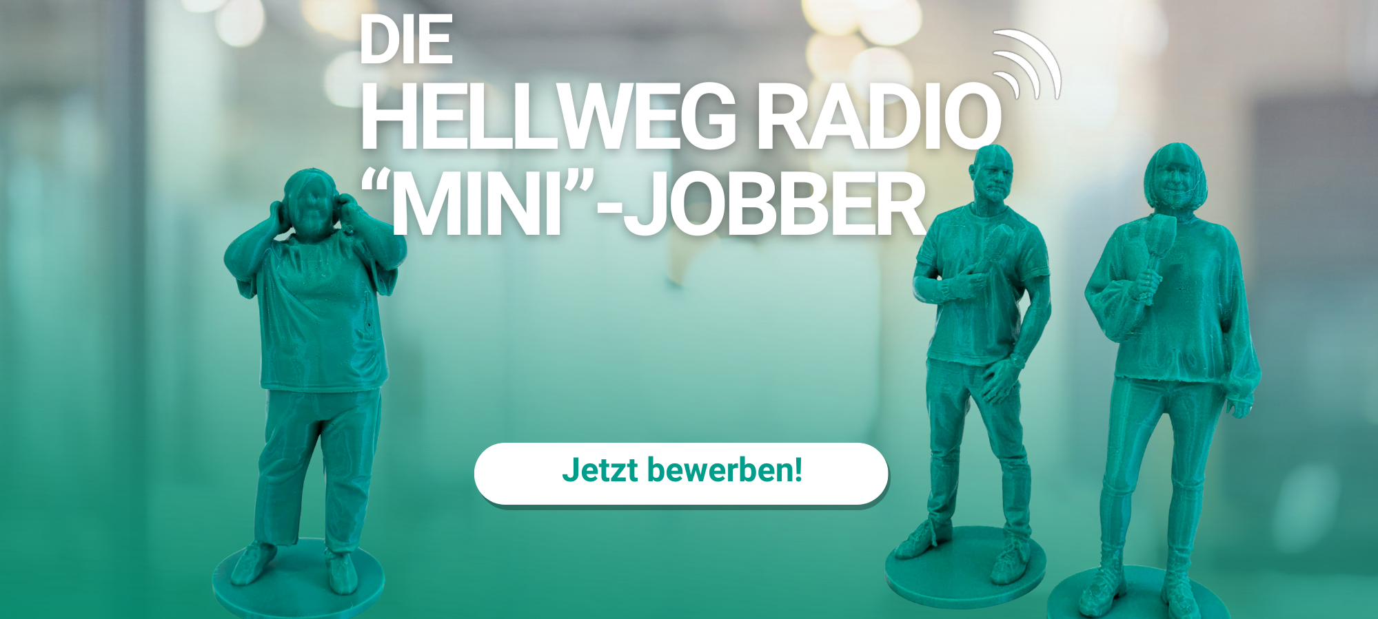 Figuren der Morningshow-Moderatoren Friederike Umminger, André Joosten und Petra Zimmer sind zu sehen - dazu der Text: Die Hellweg Radio "Mini"-Jobber - jetzt bewerben.
