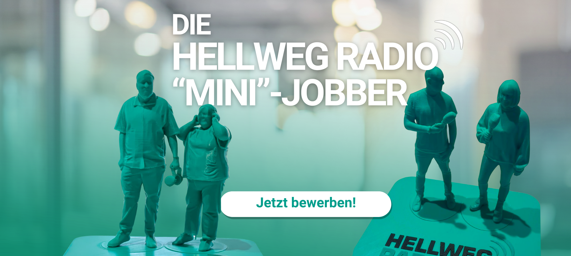 Zwei Figuren der Morningshow-Moderatoren Friederike Umminger, Sebastian Günther, André Joosten und Petra Zimmer sind zu sehen - dazu der Text: Die Hellweg Radio "Mini"-Jobber - jetzt bewerben.