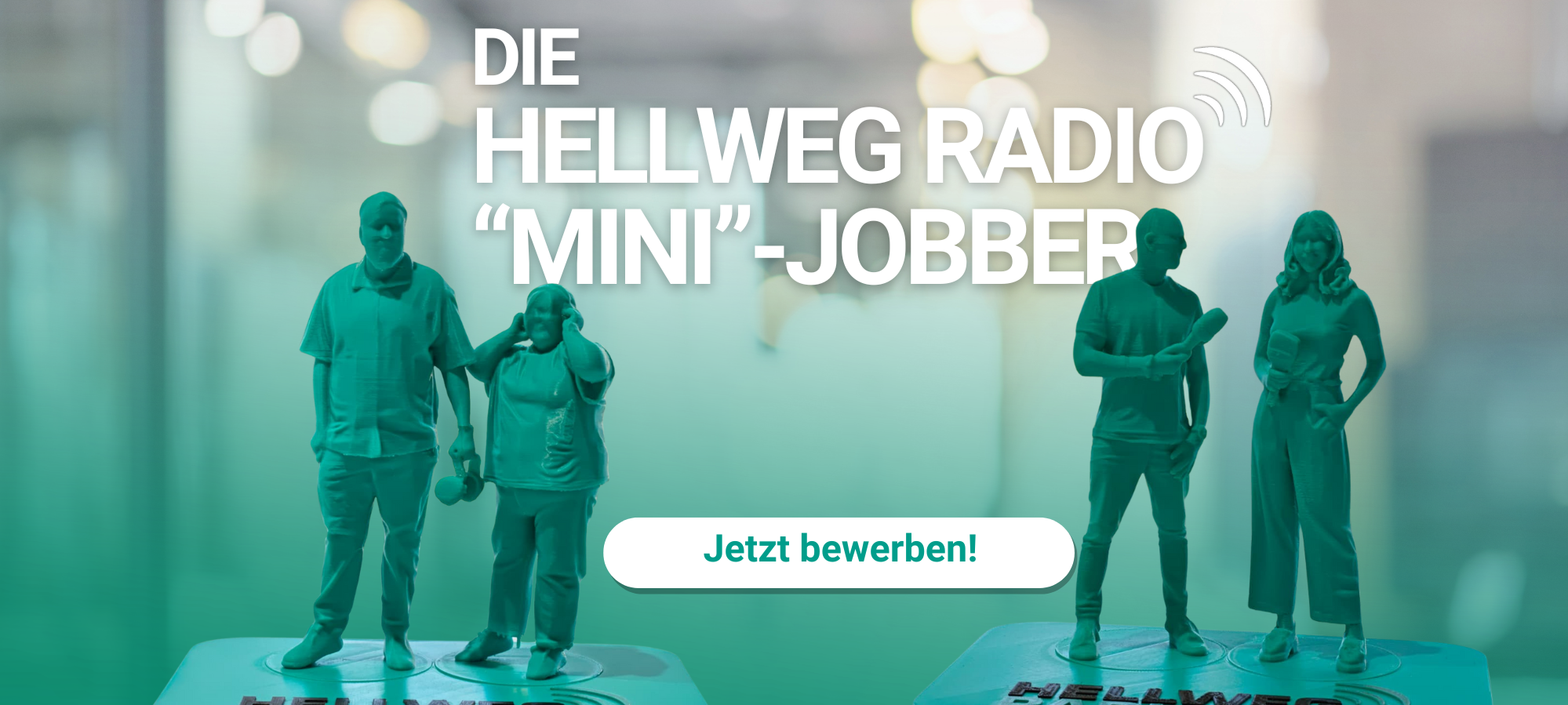Zwei Figuren der Morningshow-Moderatoren Friederike Umminger, Sebastian Günther, André Joosten und Eva Schulze-Gabrechten sind zu sehen - dazu der Text: Die Hellweg Radio "Mini"-Jobber - jetzt bewerben.