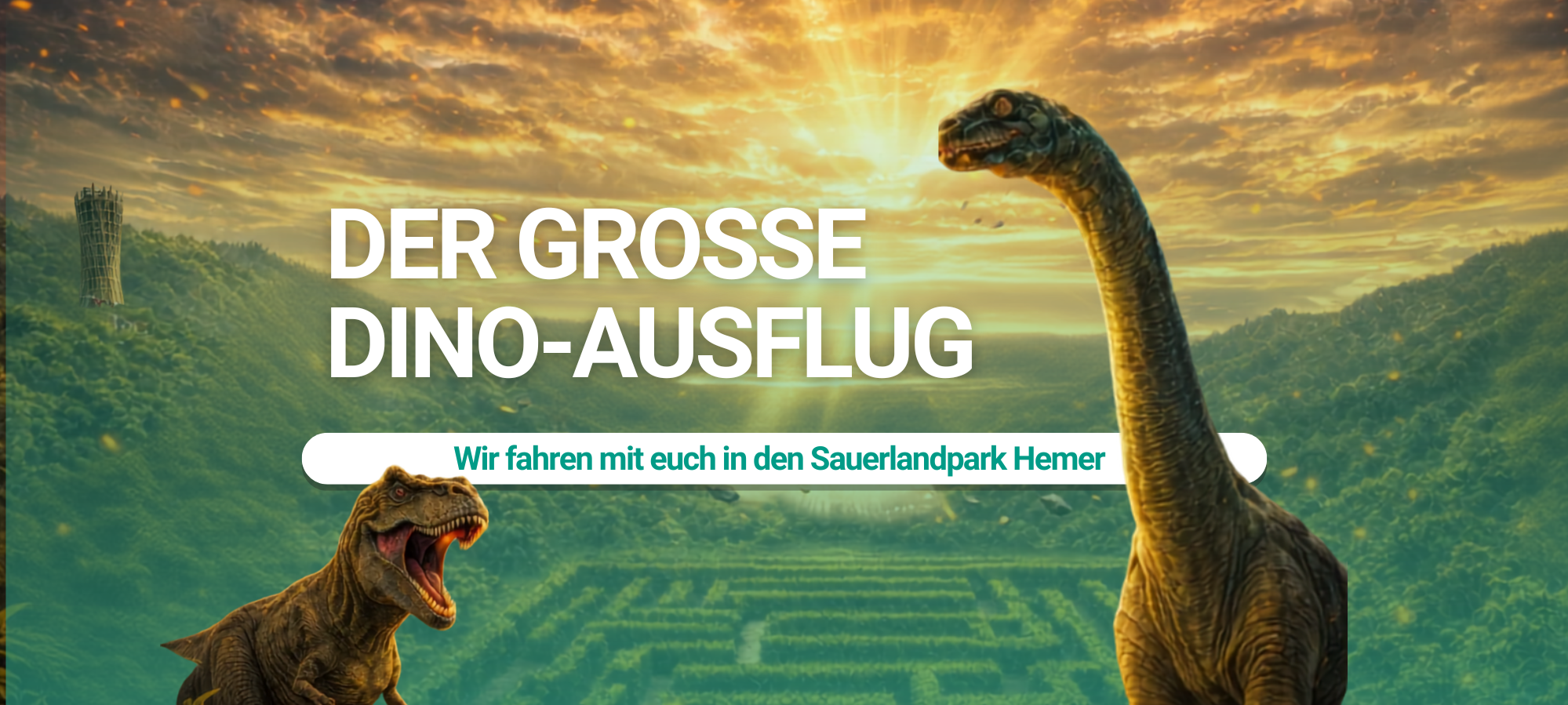 Grafik DinoGarten. Ein T-Rex und ein Brachiosaurus stehen in einem Labyrinth. Dazu der Text: "Der große Dino-Ausflug - wir fahren mit euch in den Sauerlandpark Hemer"