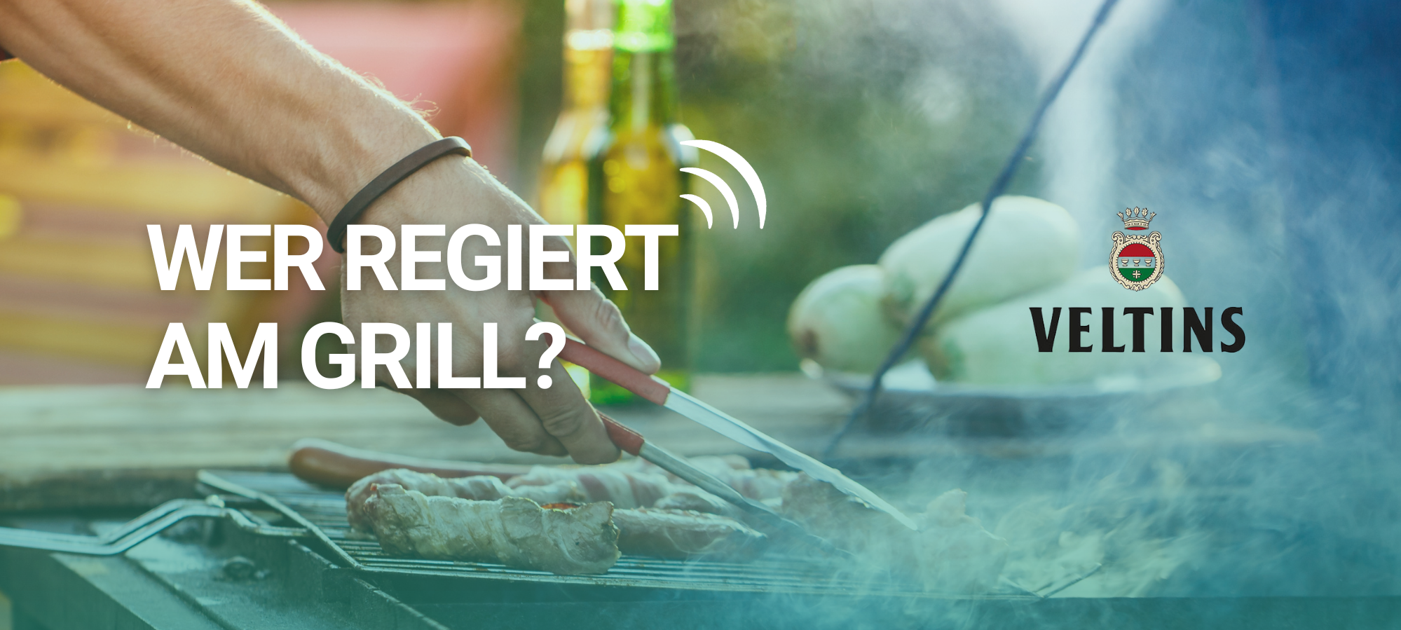 Eine Hand mit einer Zange wendet Fleisch auf einem Grill dazu der Text: "Wir suchen Regenten am Rost"